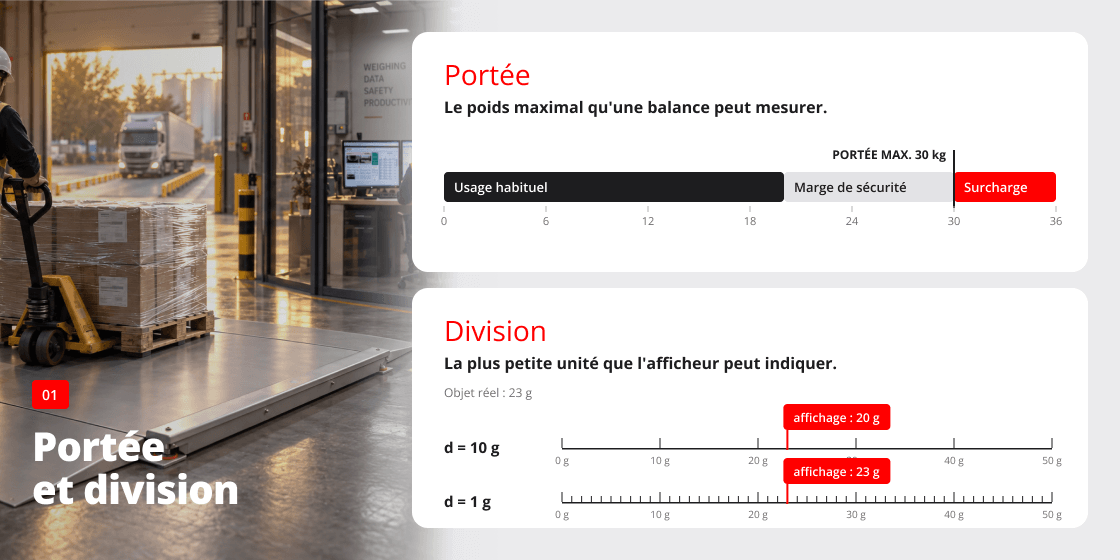 Schéma de la portée et de la division d'une balance industrielle : poids maximal, marge de sécurité et division de l'afficheur (d = 10 g et d = 1 g)