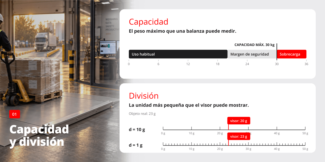 Esquema de la capacidad y la división de una báscula industrial: peso máximo, margen de seguridad y división del visor (d = 10 g y d = 1 g)