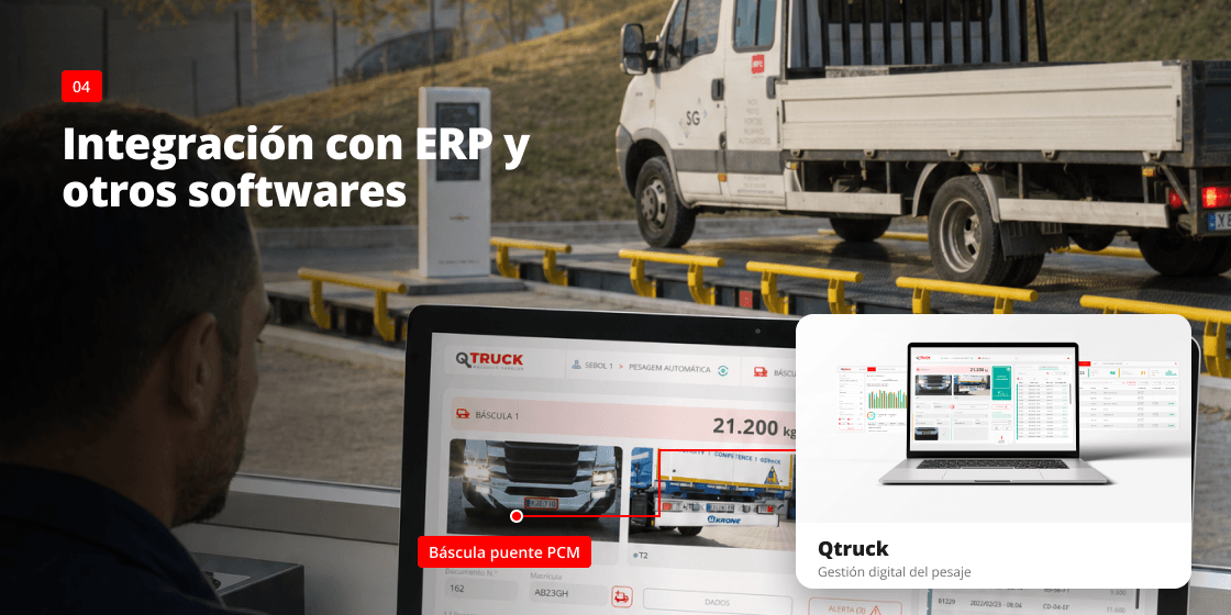 Báscula puente para camiones integrada con el software de gestión de pesaje Qtruck, con los datos de pesaje en un portátil