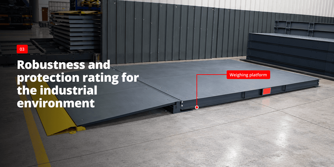 Industrial weighing platform installed on a warehouse floor, built for demanding industrial environments