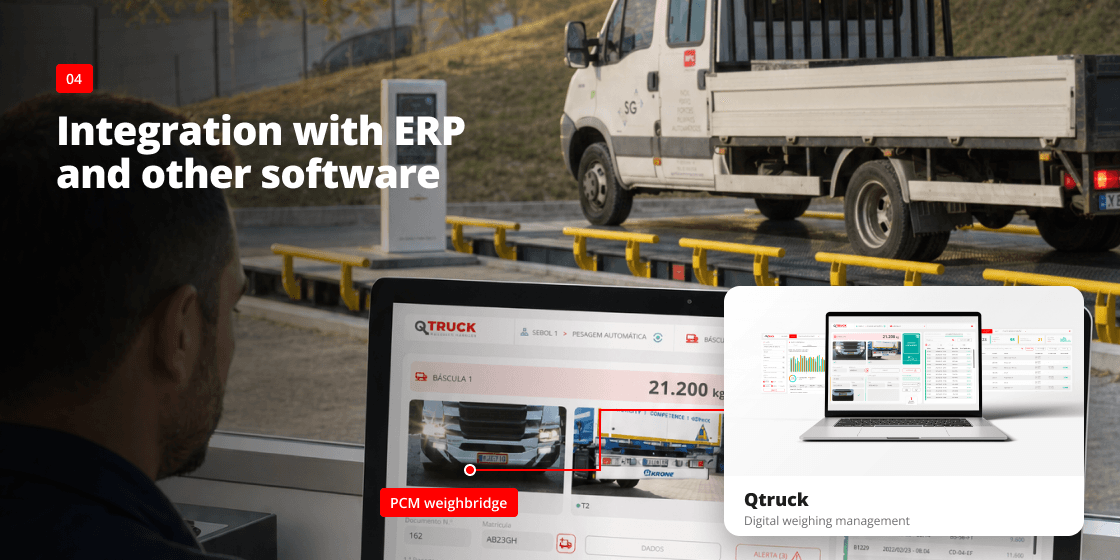 Truck weighbridge integrated with Qtruck weighing management software, with weighing data shown on a laptop